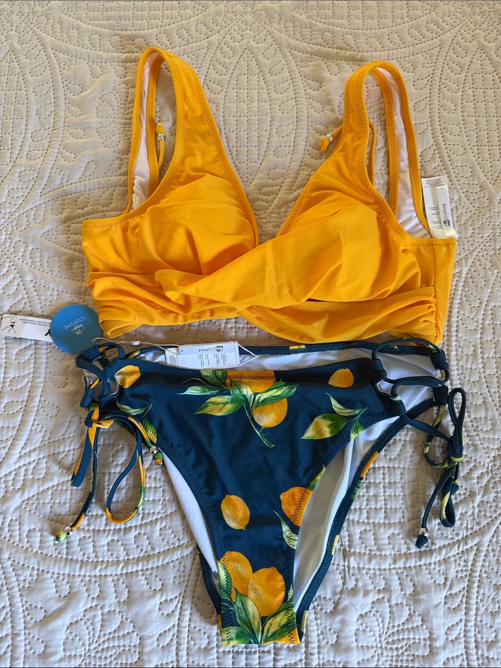 Cupshe Bright Yellow Twist Bikini Top with Navy Lemon-Print Tie-Side Bottoms